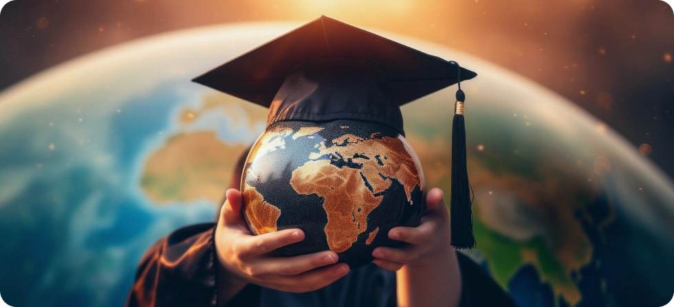 Miniature Globe With A Graduation Cap On Top Placed On An Open Book Student Copy